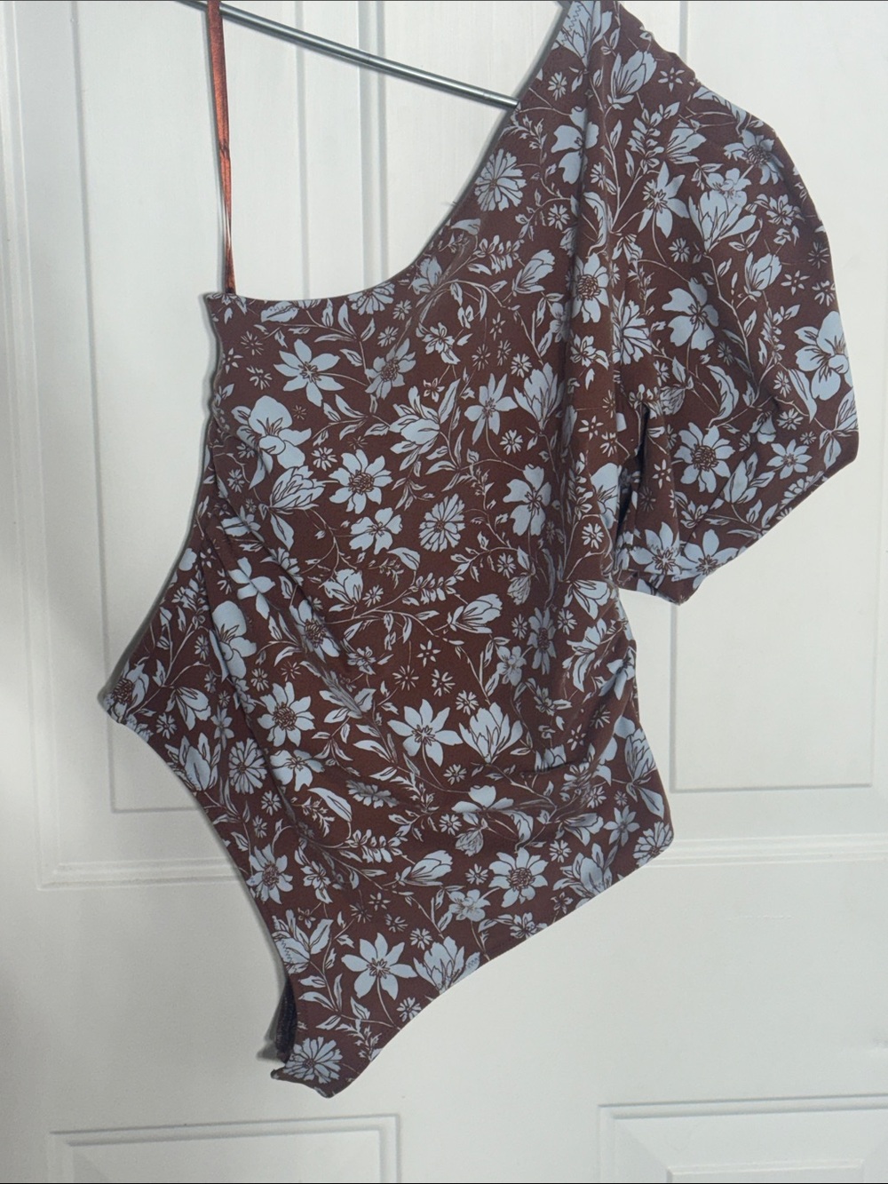 Free People One-Shoulder Floral Bodysuit in Brown and Light Blue
